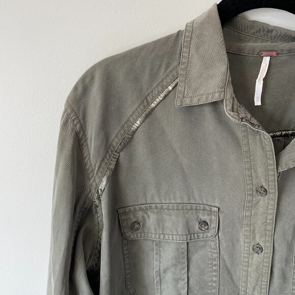 FREE People Off Campus Button Up Shirt Collared Long Sleeve Casual Army Green XS - Picture 5 of 10